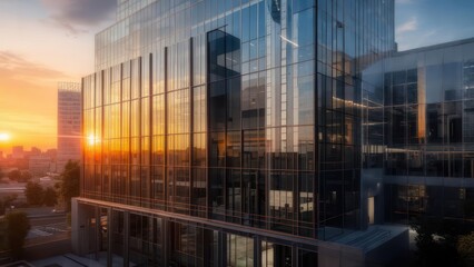 Stunning modern glass skyscraper reflecting golden sunset sky, perfect for commercial projects and innovative designs