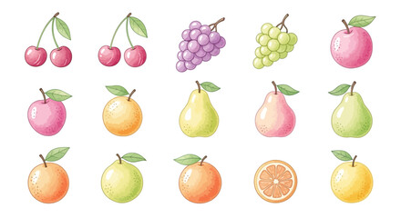 Watercolor clip art of pastel fruits including cherries, grapes, pears, and citrus on a white background