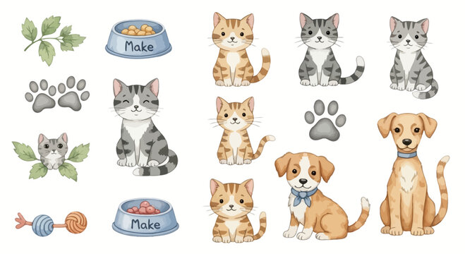 Charming watercolor clip art set featuring adorable kittens, a puppy, and various pet items