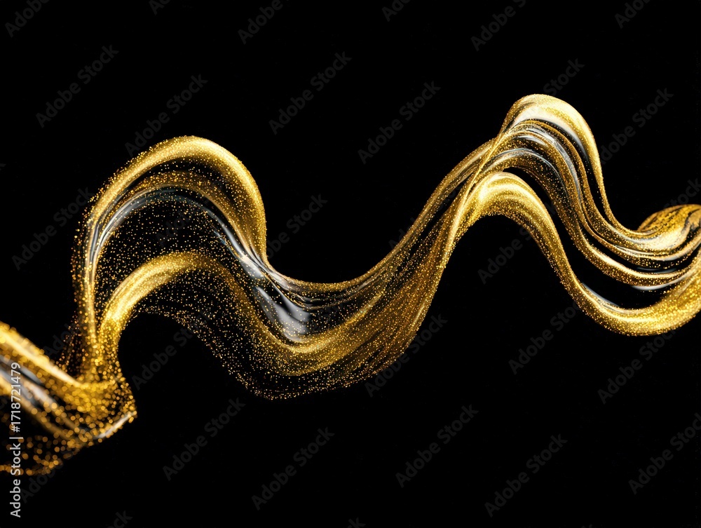 Poster Shimme golden ribbon gracefully curves and flows across a stark black background creating an elegant and captivating abstract design element.