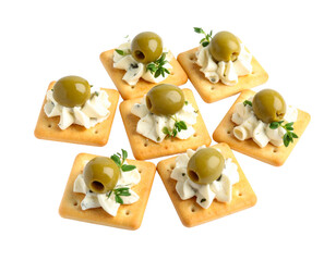 “Assorted Canapés with Cheese and Olives, isolated on a transparent background”.