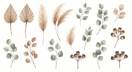 Naklejka premium Botanical Watercolor Illustration Set of Eucalyptus, Berries, and Pampas Grass Clip Art