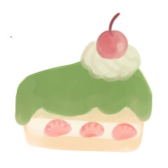 slice of green tea cake with cherry