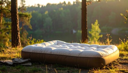 Futon mattress outdoors, sunset