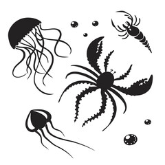 Marine Life Silhouettes Jellyfish Crab Lobster sea creatures