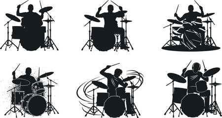 Silhouette drummer playing drums, rock band musician, percussion performance art, live concert energy, music beats illustration, artistic rhythm black design