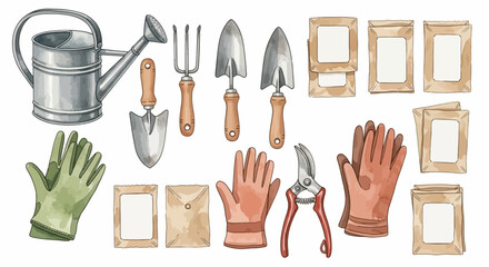 Watercolor Gardening Tools & Seed Packets Clipart Set