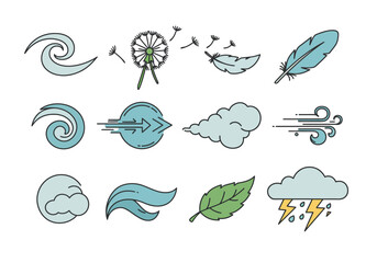 12 icons of wind dandelions feathers clouds lightning and leaves