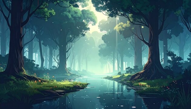 Lush forest scene with a gentle stream - Powered by Adobe