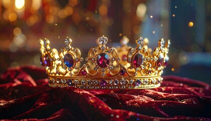 Golden crown on red velvet