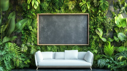 A tranquil indoor setting showcasing a lush vertical garden and a minimalist white couch, creating a serene and inviting atmosphere.  A blank framed display area is centered against the living wall.