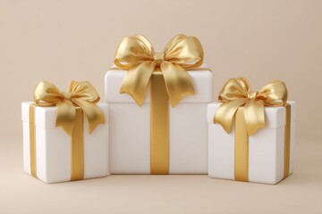 Three white gift boxes adorn golden ribbons and bows against a light tan backdrop
