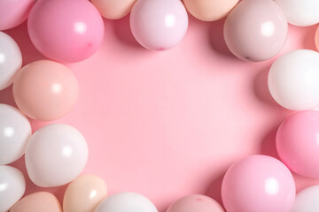 Pastel colors balloons on pink background, space for text.