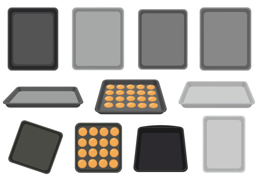 An array of baking sheets some empty some filled with orange baked goods