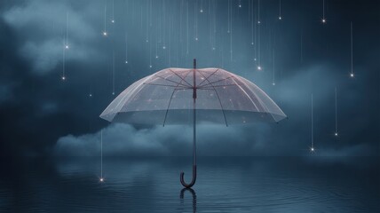 Transparent umbrella shields against falling stars in dark stormy water clear