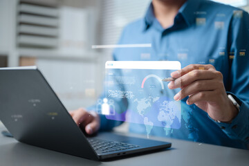 Businessman analyzing data dashboard with global map and digital visualization, symbolizing big data, analytics, performance, and business intelligence for decision making.