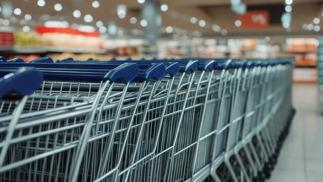Shopping carts lined up ready for customers to browse groceries in a bright, modern supermarket aisle during a busy day - Powered by Adobe