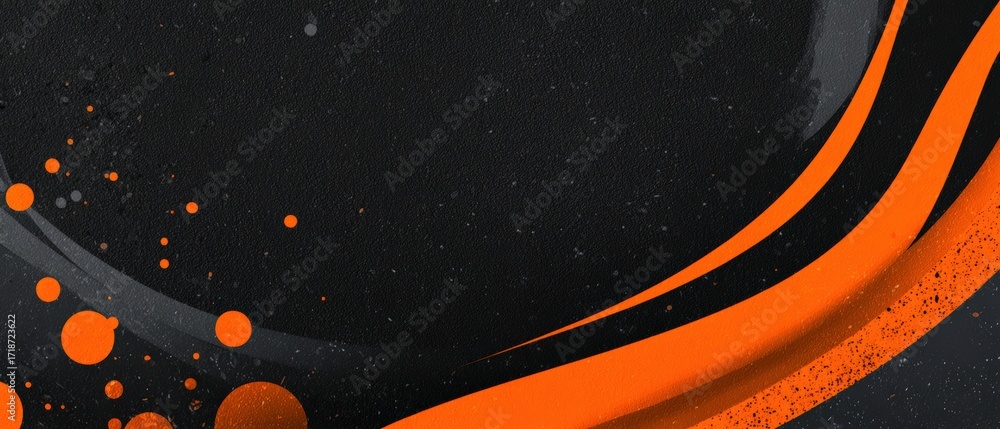 Poster an abstract dark textured background features curved orange ribbons and scattered paint splatters, a
