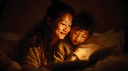 Young Asian Mother Reading Bedtime Story to Child in Cozy Bedroom &ndash; Warm Loving Family Moment