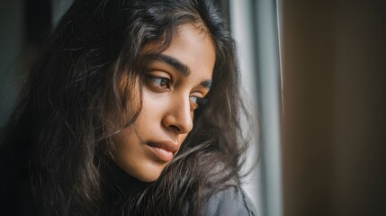 Young Indian Woman with Teary Eyes Sitting by Window – Emotional and Vulnerable Portrait