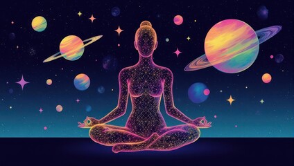 Fototapeta premium Meditating woman in lotus position with cosmic planets and stars, representing inner peace, mindfulness, and spiritual connection