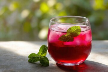 Chilled Pink Kokum Sharbat Cocktail with Mint Leaves in Glass