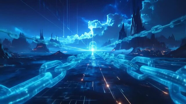 Abstract digital metaverse landscape with glowing chains and futuristic elements