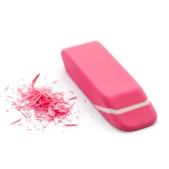 Pink eraser with shavings isolated on white background