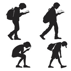 Silhouettes of students reading and using phones with backpacks