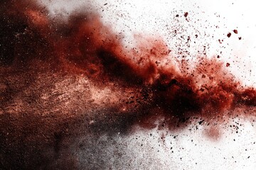 Abstract explosion of dark red and brown powder on white background