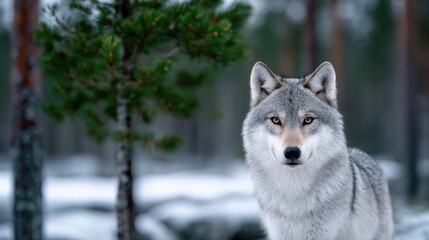 Fototapeta premium Close Up Portrait of Majestic Gray Wolf in Winter Forest with Snow Covered Fur Focused Gaze in Soft Natural Light