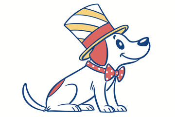 Cartoon Dog Wearing a Striped Hat and Bowtie Keywords: dog, puppy, cartoon, character, animal