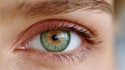 Obraz premium Closeup of a Human Eye with Hazel Iris and Glittery Makeup in Warm Coral Brown Tone