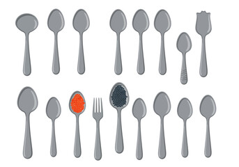 Array of gray metal spoons plus one fork some spoons are filled with red and black caviar