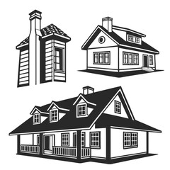 Three Black And White House Silhouettes On White Background