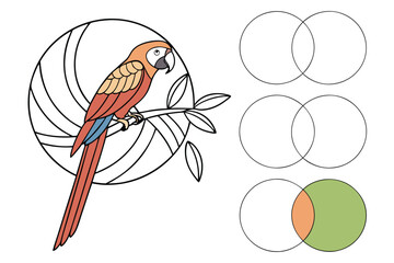Colorful Macaw Perched on a Branch with Geometric Circles Keywords: macaw, parrot, bird