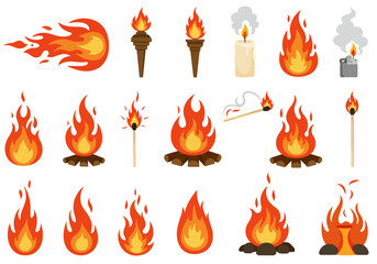 Assortment of cartoon flames torches candles  campfires with matches  lighters on a white background
