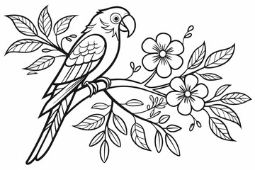 Line art parrot on a floral branch bird animal