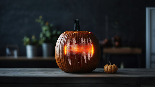 Halloween pumpkin with cyber security technology theme glowing on wooden table in dark room creating mysterious atmosphere