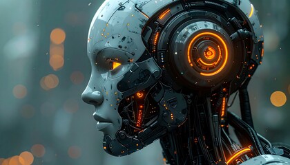 Futuristic android head, intricate design, glowing orange accents