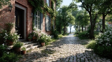 Obraz premium Cobblestone Alley with Brick Buildings Greenery and Sunlight Casting Shadows Creating Cinematic HDR View on Architecture