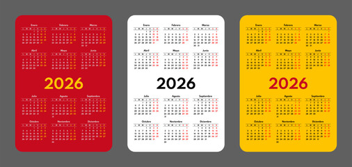 2026 pocket calendar set, simple vertical calendar design template, spanish language month names, two weekends, monday first, spain flag colors