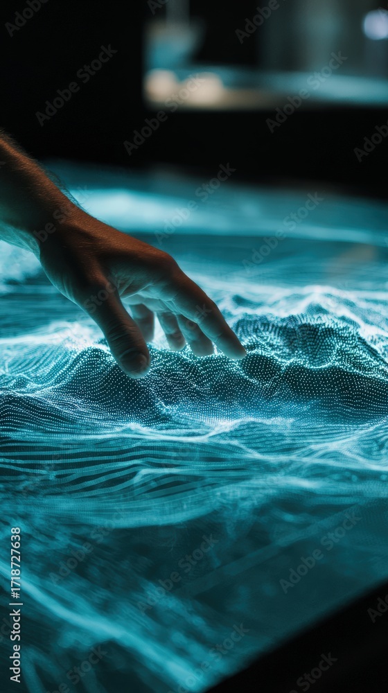 Poster a hand interacts with a digital topographic map of light blue mountain range displayed on a dark int