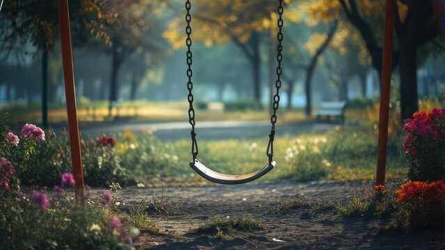 Peaceful swing set in a park, inviting relaxation and childhood memories on a sunny day