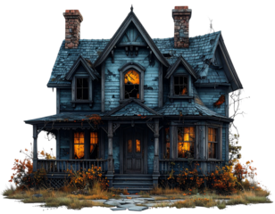 Haunted spooky house with broken windows and creepy design isolated on transparent ba