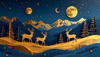 Golden deer silhouette amidst a mountainous landscape under a starry night sky