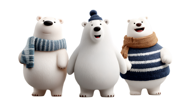 Christmas Polar Bear Collection Wearing Scarf and Hat in Fun, Minimalist, and Animated Styles isolated on transparent background