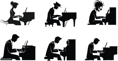 Silhouette pianist playing piano, musician performing on grand piano, classical music performance illustration, artistic musician figure, black and white artwork design © Rafin's World