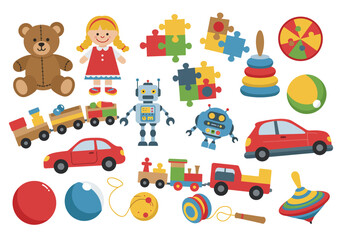 Childs toys a bear doll robot car puzzles  balls spread across a white background