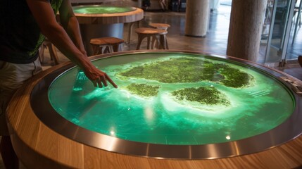 An unidentified person points to a location on an interactive digital display depicting an island landscape in an exhibit area indoors.